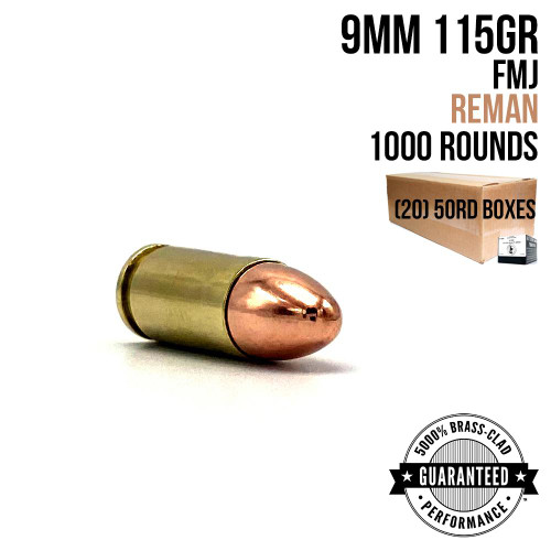 A single round of AngelFire Ammo 9MM - 115GR - FMJ - REMAN - CASE - 1000 with product details and an example of the packaging.