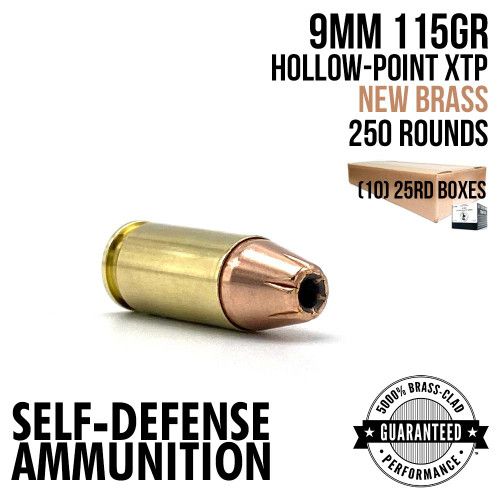 A single round of AngelFire Ammo 9MM - 115GR - XTP - NEW BRASS - HALF CASE - 250 with product details and an example of the packaging.