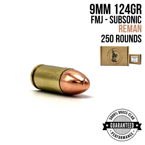 A single round of AngelFire Ammo 9MM - 124GR - FMJ - REMAN - QUARTER CASE - 250 with product details and an example of the packaging.