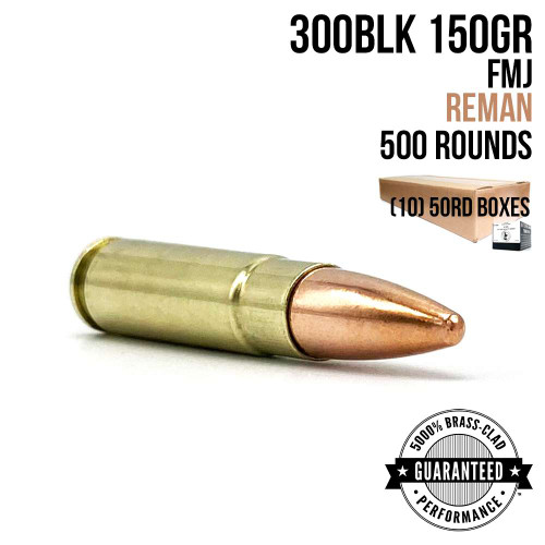 A single round of AngelFire Ammo 300BLK - 150GR - FMJ - REMAN - HALF CASE - 500 with product details and an example of the packaging.