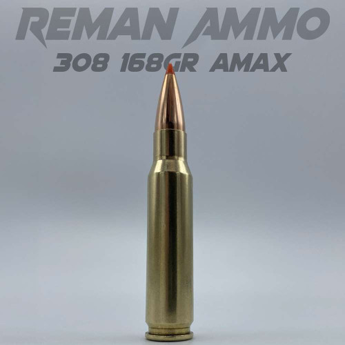 A single round of AngelFire Ammo RA - 308 - 168gr - AMAX - 100rds with product details and an example of the packaging.