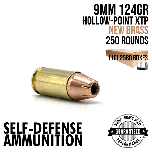 A single round of AngelFire Ammo 9MM - 124GR - XTP - NEW BRASS - HALF CASE - 250 with product details and an example of the packaging.