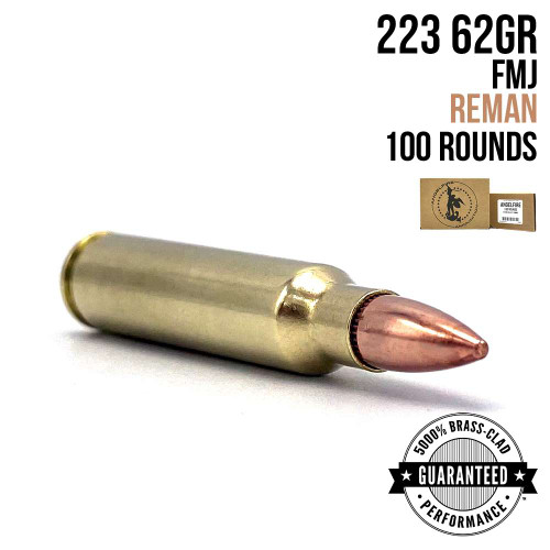A single round of AngelFire Ammo 223 - 62GR - FMJ - REMAN - MINI CASE - 100 with product details and an example of the packaging.