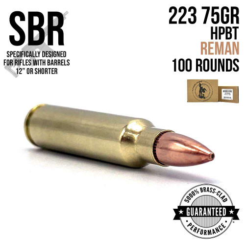 A single round of AngelFire Ammo 223 - 75GR - HP - SBR - REMAN - MINI CASE - 100 with product details and an example of the packaging.