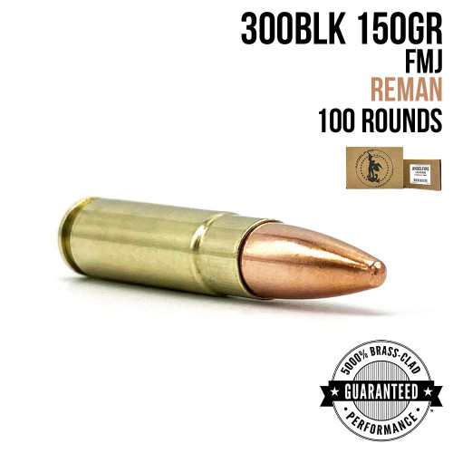 A single round of AngelFire Ammo 300BLK - 150GR - FMJ - REMAN - MINI CASE - 100 with product details and an example of the packaging.