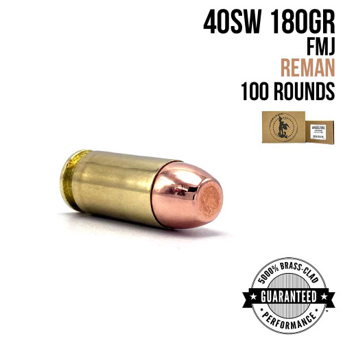 A single round of AngelFire Ammo 40SW - 180GR - FMJ - REMAN - MINI CASE - 100 with product details and an example of the packaging.