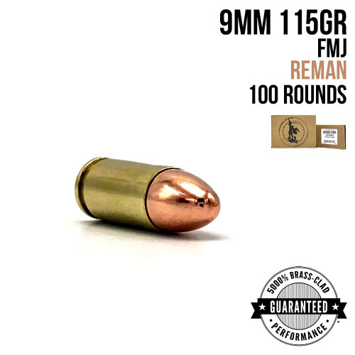 A single round of AngelFire Ammo 9MM - 115GR - FMJ - REMAN - MINI CASE - 100 with product details and an example of the packaging.