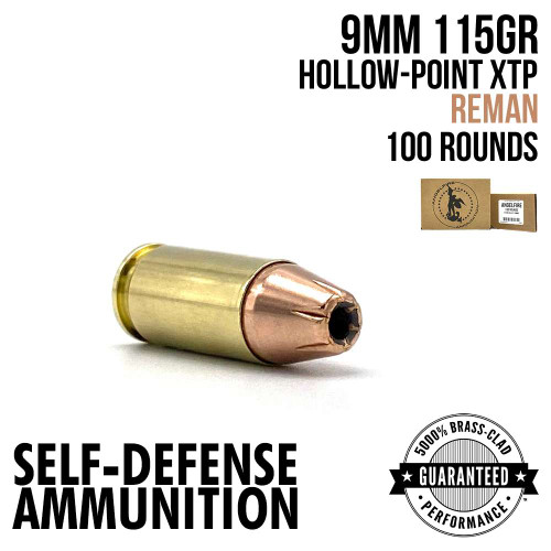 A single round of AngelFire Ammo 9MM - 115GR - XTP - NEW BRASS - MINI CASE - 100 with product details and an example of the packaging.