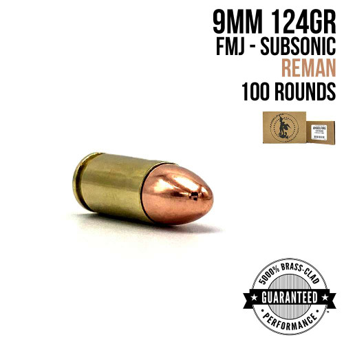 A single round of AngelFire Ammo 9MM - 124GR - FMJ - REMAN - MINI CASE - 100 with product details and an example of the packaging.