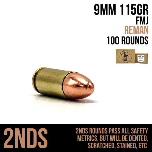 A single round of AngelFire Ammo 9MM - 115GR - FMJ - REMAN - MINI CASE - 100 - 2NDS with product details and an example of the packaging.
