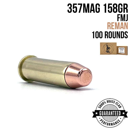 A single round of AngelFire Ammo 357 - 158GR - FMJ - REMAN - MINI CASE - 100 with product details and an example of the packaging.