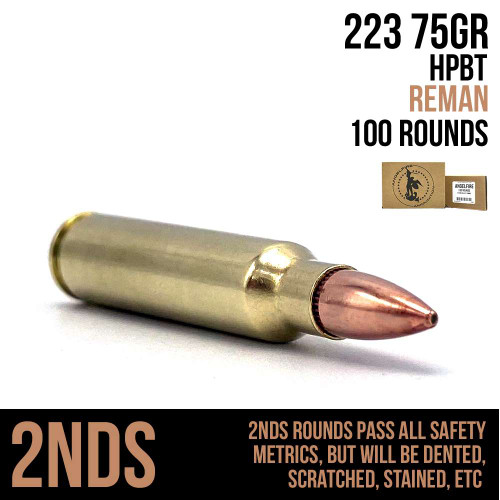 A single round of AngelFire Ammo 223 - 75GR - HPBT - REMAN - MINI CASE - 100 - 2NDS with product details and an example of the packaging.
