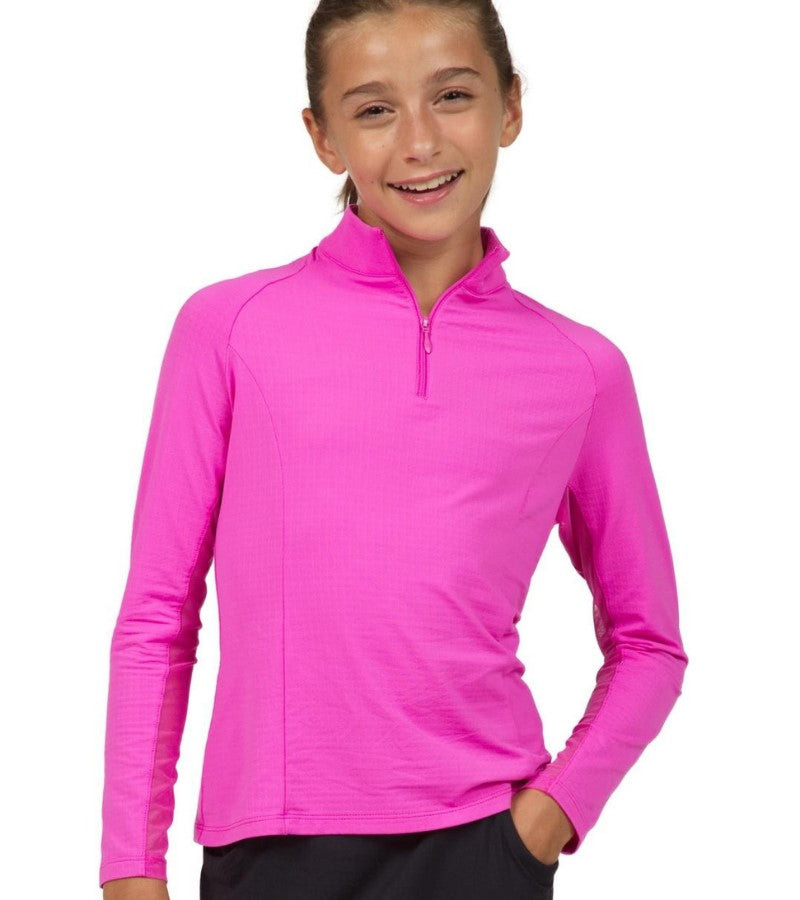 IBKÜL Girls Quarter Zip Long Sleeve Golf Shirt Hot Pink