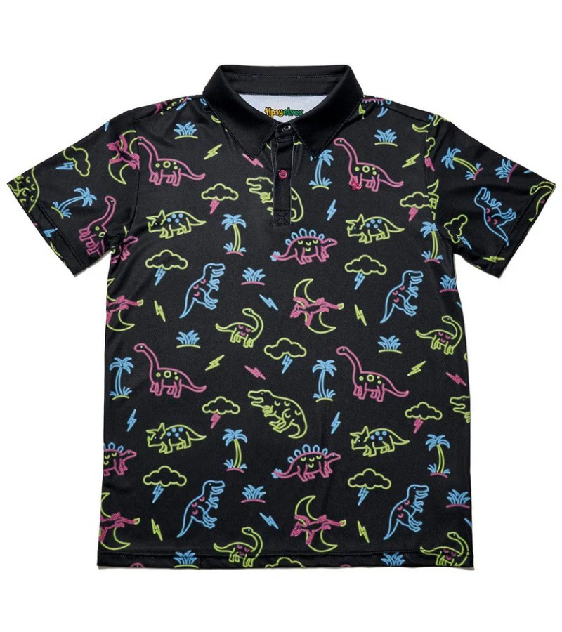 Tipsy Elves Neon Dinosaur Kids Golf Polo