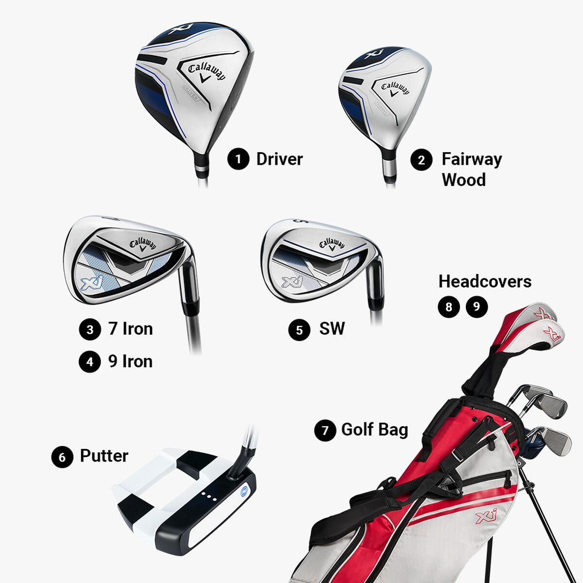 Callaway XJ-2 6 Club Kids Golf Set Ages 6-8 Red/Silver