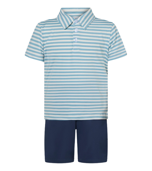 90 Degree by Reflex Little Boys Striped Performance Polo and Matching Short Set - Light Blue and Navy