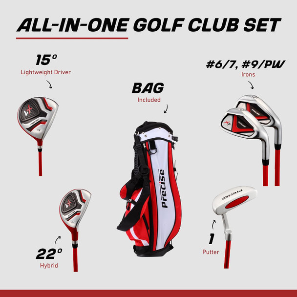 Precise X7 5 Club Kids Golf Set for Ages 6-8 (kids 44-52" tall) Red