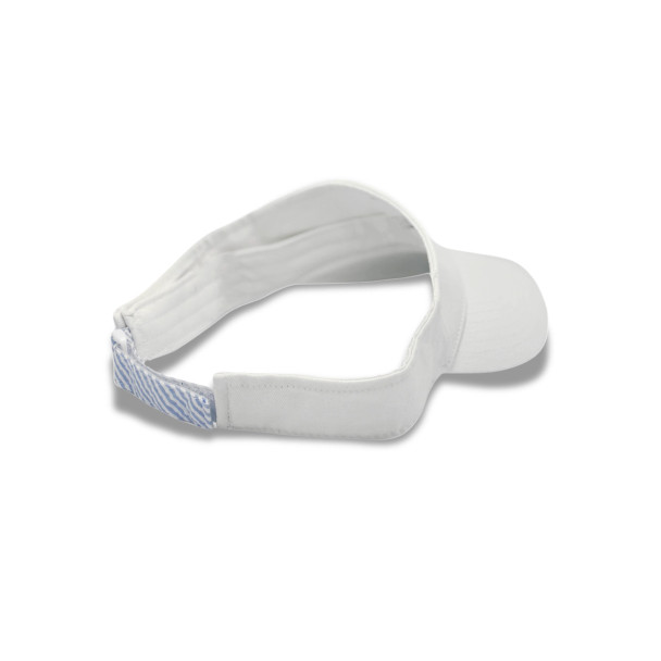 White Visor with Embroidered Golf Clubs and blue / white seersucker back strap.