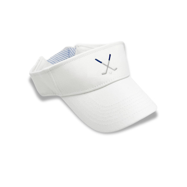 White Visor with Embroidered Golf Clubs and blue / white seersucker back strap.