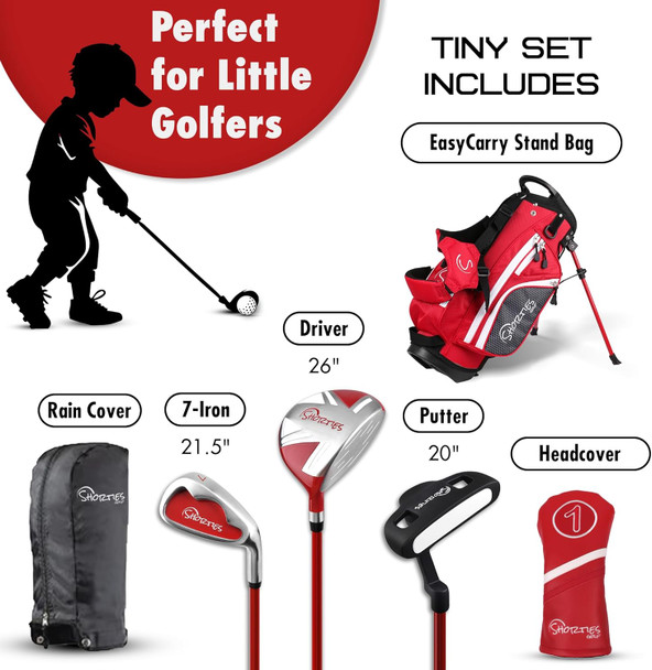 Shorties Tiny 3 Club Toddler Golf Set for Ages 2-3 (kids 34-38") - Red