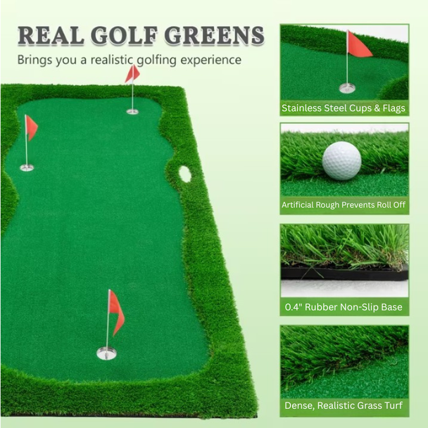 Large Portable Golf Putting Green with 3 Cups - Features