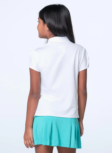 Lucky in Love Pleated Collar Girls Polo Shirt White - Back View