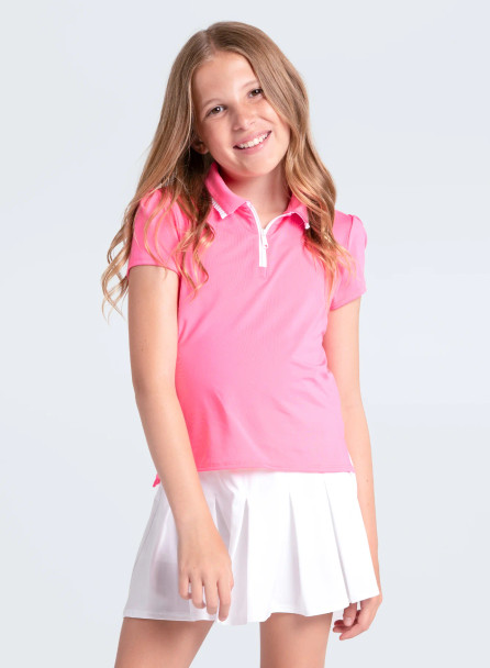 Lucky in Love Pleated Collar Girls Polo Shirt - Taffy Pink