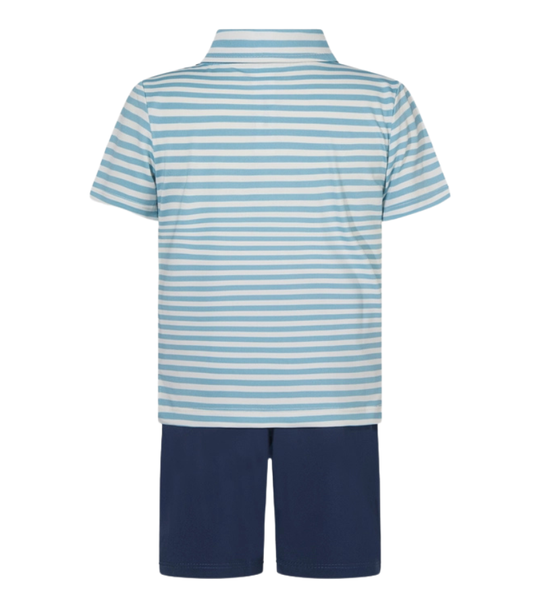 90 Degree by Reflex Little Boys Striped Performance Polo and Matching Short Set - Light Blue and Navy
