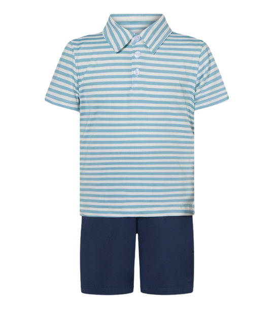 90 Degree by Reflex Little Boys Striped Performance Polo and Matching Short Set - Light Blue and Navy