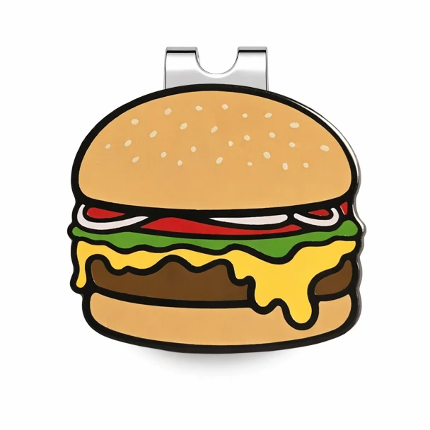 Cheeseburger Enamel Golf Ball Marker on the magnetic hat clip