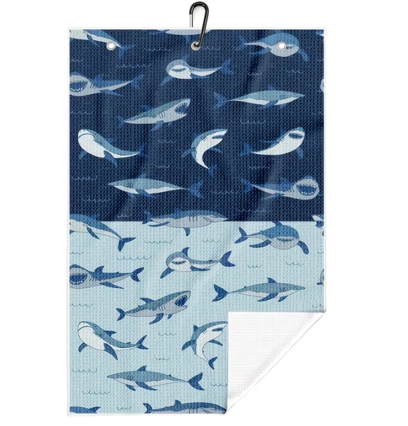 Swirling Sharks Microfiber Golf Towel with Carabiner Expanded