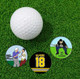 Happy Gilmore Ball Markers next to a golf ball