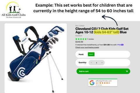 screenshot of example club that works well for kids 54-60 inches tall