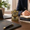 men working on desk with the god of wealth on the side