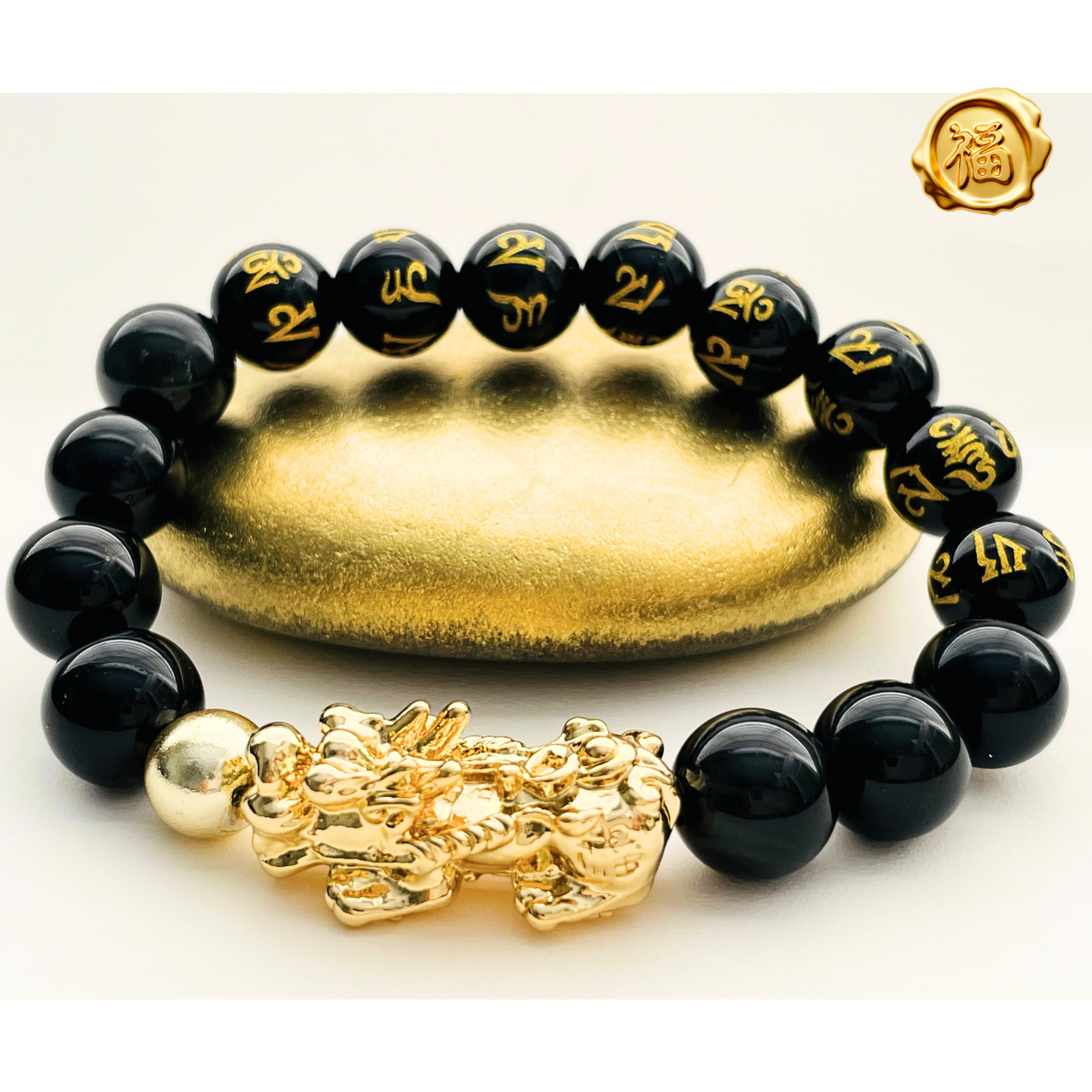 Feng Shui Obsidian Stone Beads Bracelet Men Women Wristband Gold Black  Bracelet | eBay