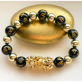 Authentic Obsidian Feng Shui Bracelet with 18K Gold Pixiu 