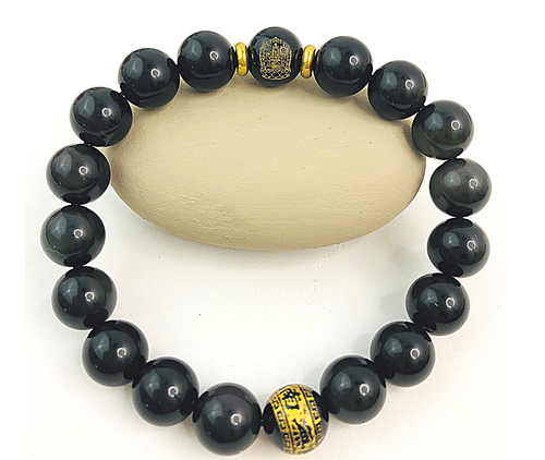 Feng Shui Obsidian Bracelet Armed Kuan Yin for Protection 