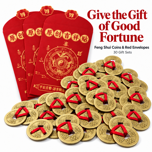 3 Chinese Coins Tied with Red Ribbon - Set of 30 + 30 Red Envelopes