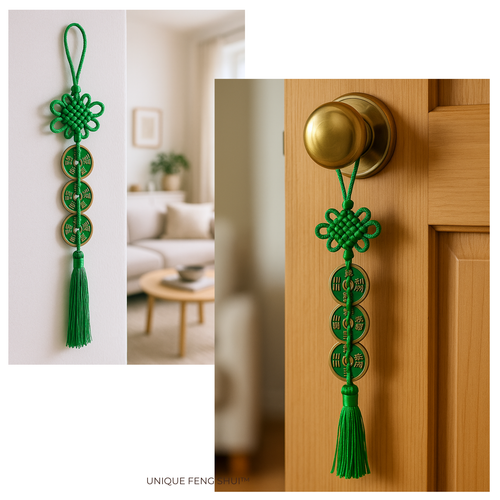 feng shui 3 coins in green color hanging on door and wall