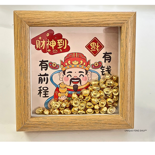 God of Wealth Shaker Frame with Gold Ingots for Prosperity Activation