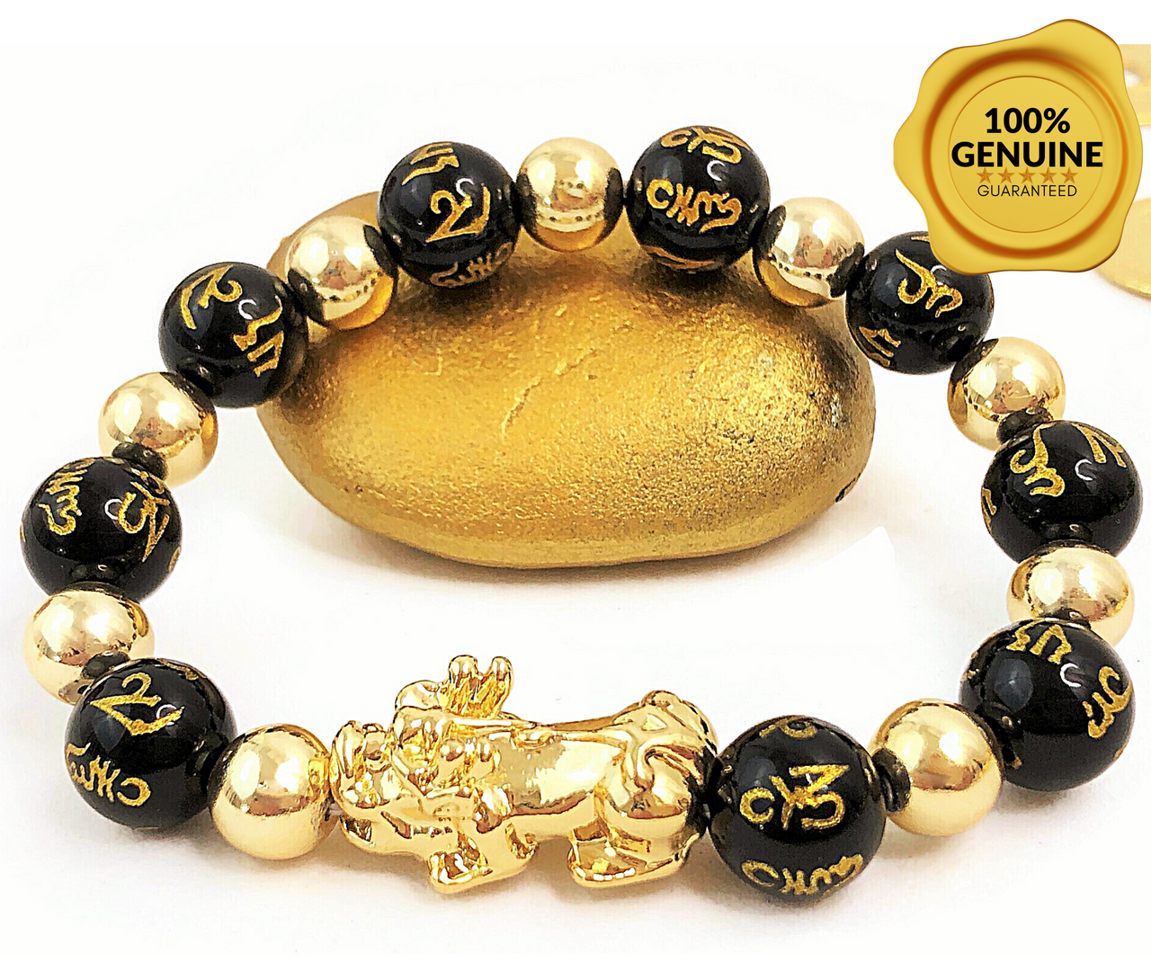 138 Ct. Black Obsidian Feng Shui Pixiu Stretchable Bracelet in Gold-Tone -  6297594 - TJC