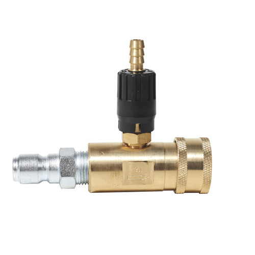 Adjustable Chemical Injector, 4500 psi @ 5 US gpm, 2.1 mm Orifice, QC Plug Inlet (Fits Most Brands) Adjustable Chemical Injector, 4500 psi @ 5 US gpm, 2.1 mm Orifice, QC Plug Inlet (Fits Most Brands)