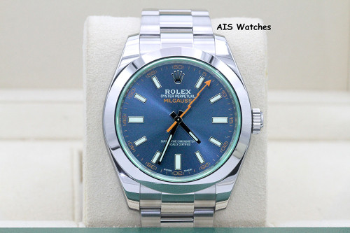 Rolex Milgauss Z-BLUE 116400 GV Green Crystal Blue Dial Box & Papers