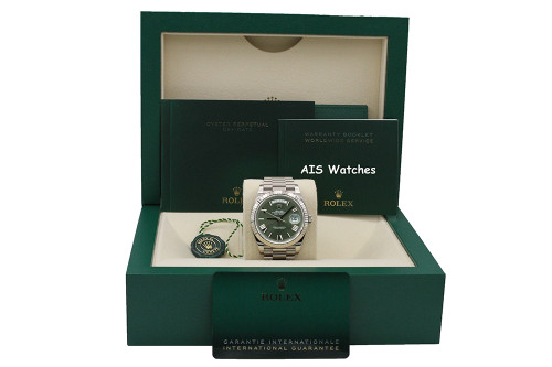 BNIB Rolex 228239 DayDate 40MM DD40 18K White Gold Olive Green Roman Dial B&P