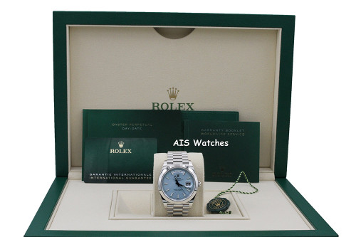 Rolex 228206 Platinum DayDate 40MM DD40 Ice Blue Diagonal Motif Dial B&P