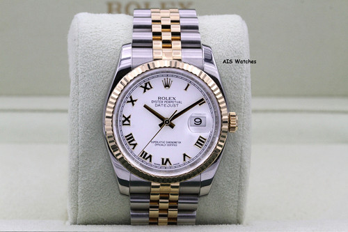 Rolex 116233 DateJust 36MM 18K YG/SS White Roman Dial Jubilee Bracelet B&P