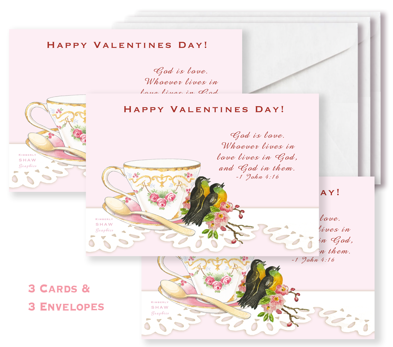 3 Love Bird Valentine Cards with Envelopes 