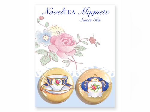 blue floral teacup and sugar bowl magnet set for a sweet tea display on your refrigerator or magnet board