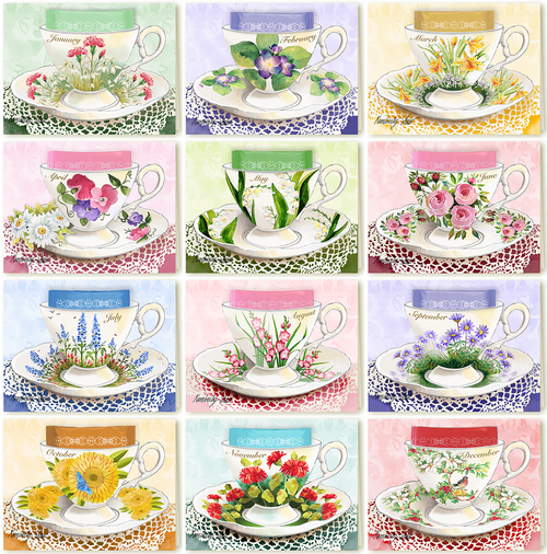 collection of 12 TEA birth flower cards