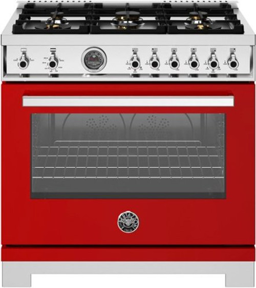 Bertazzoni - 36" Professional Series range - Gas oven - 6 brass burners - Red
